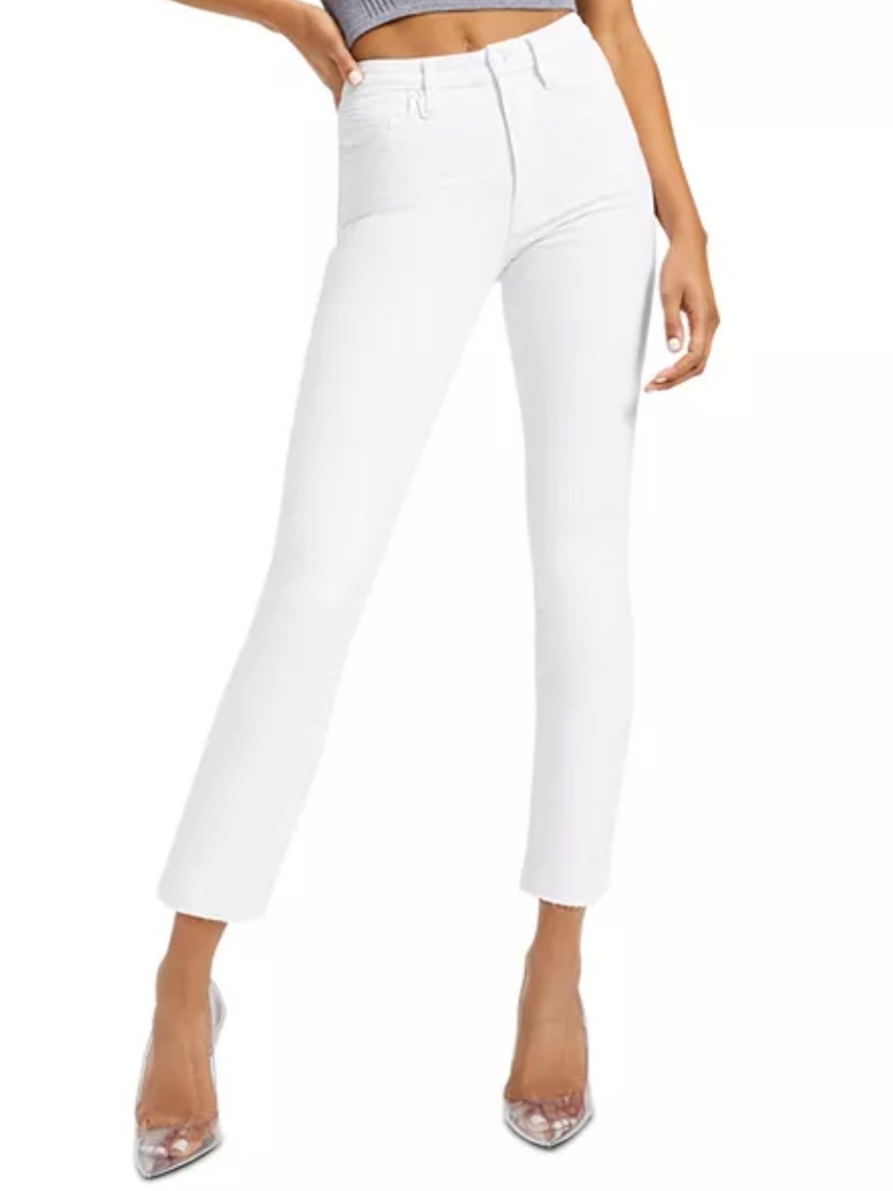 Good American Good Legs Skinny White High-Rise Straight Raw Hem Jeans